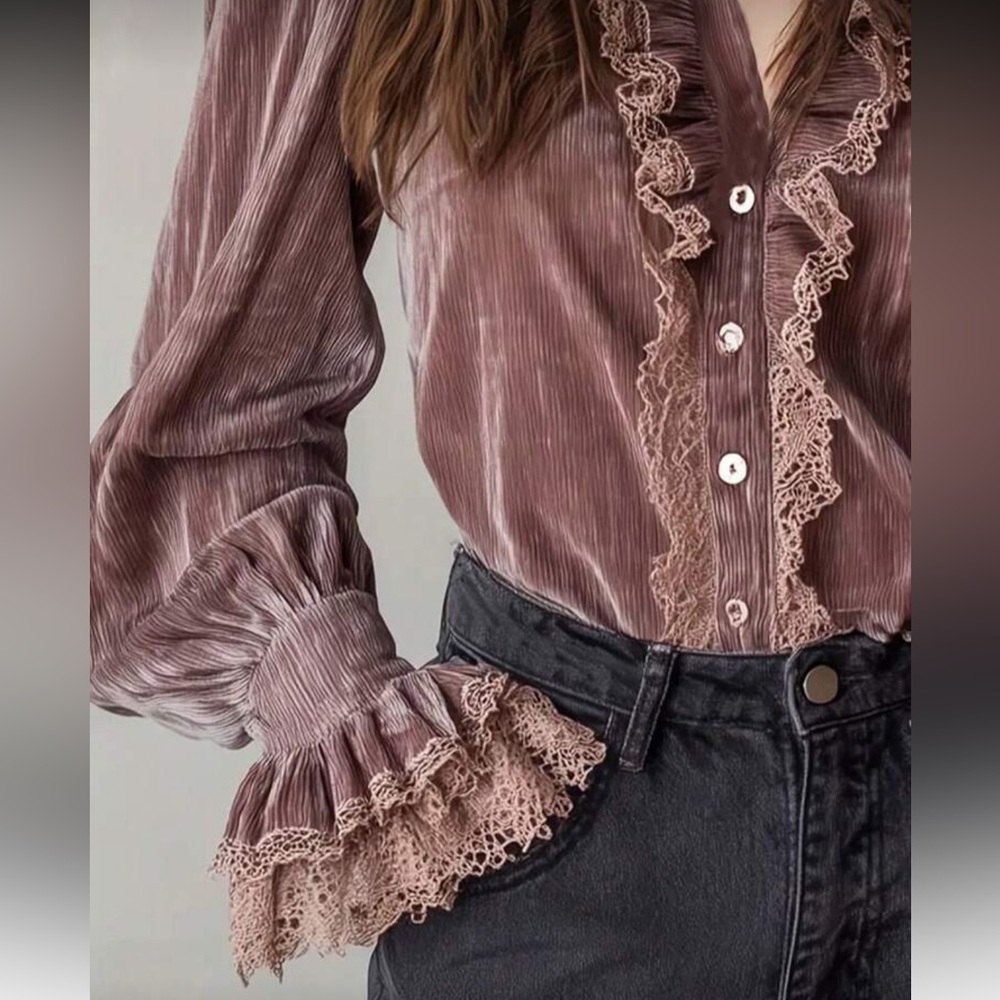 Luxe pink velvet lace ruffle detail blouse - Picture 4 of 10